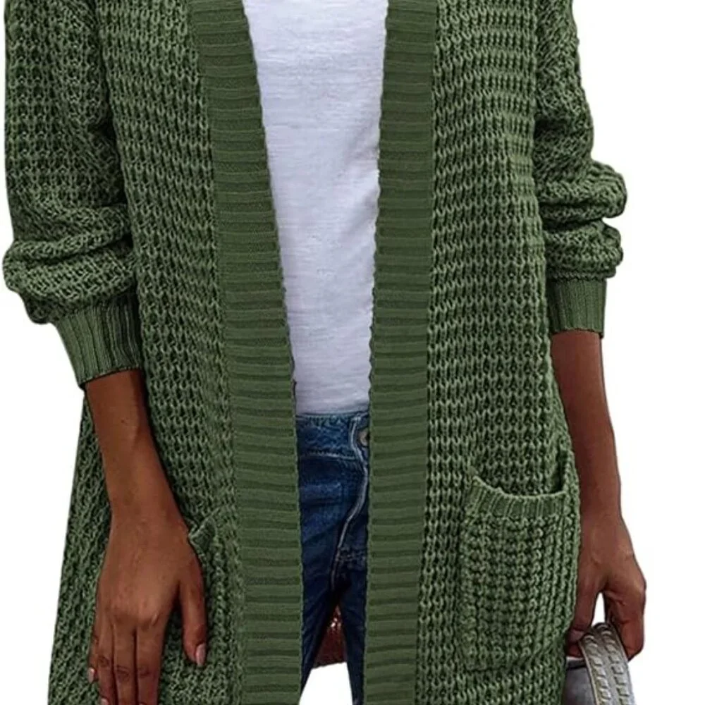 Zeagoo Womens Open Front Green Chunky Knit Batwing Sleeve Long Cardigan‎ Size S